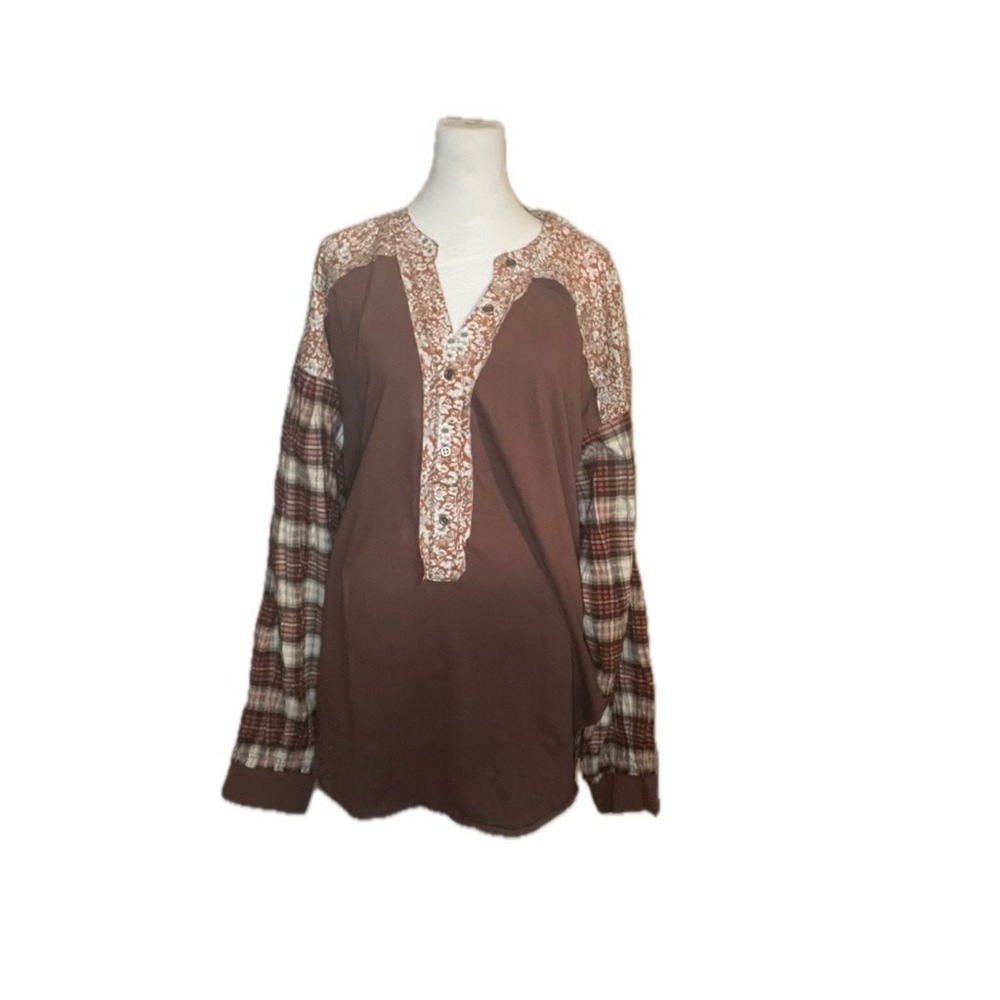 Easel Mixed Media Floral Plaid Henley‎ Tunic Top Size 3X Brown Boho